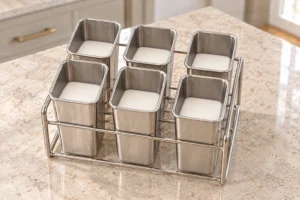 Smooth yogurt second layer in six rectangular stainless pop molds over set blueberry