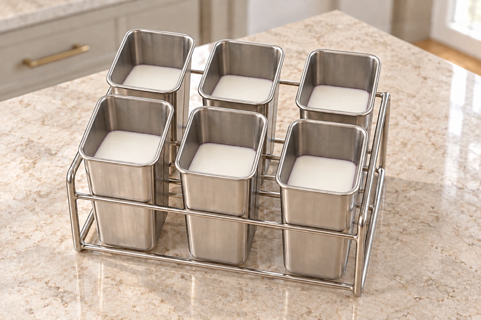 Smooth yogurt second layer in six rectangular stainless pop molds over set blueberry