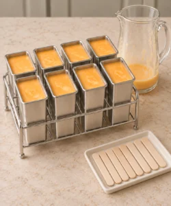 Creamy orange mixture resting in eight supported stainless steel popsicle molds before freezing