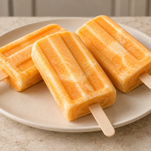 Three finished orange coconut creamsicle pops on a cream ceramic plate over warm limestone