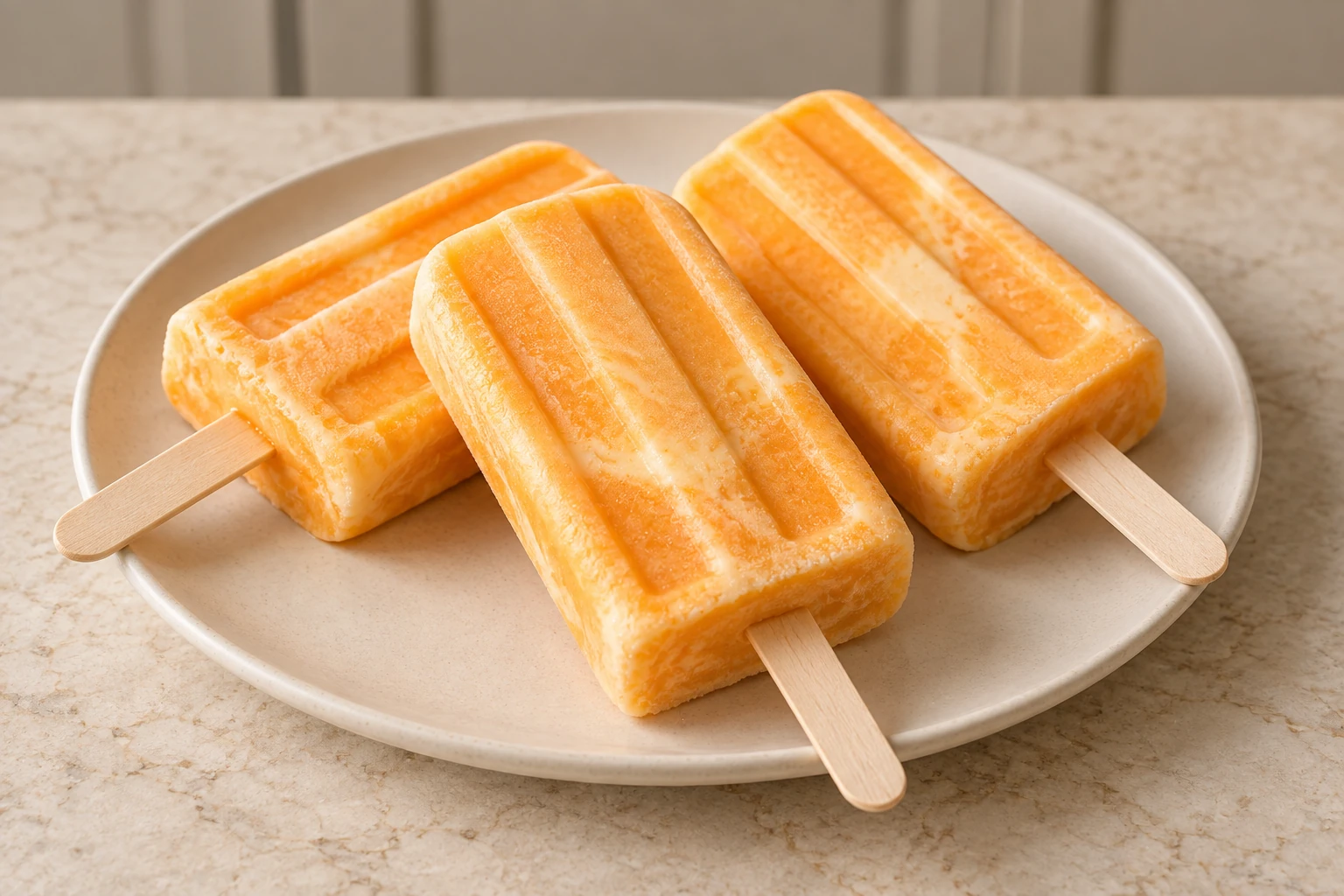Three finished orange coconut creamsicle pops on a cream ceramic plate over warm limestone