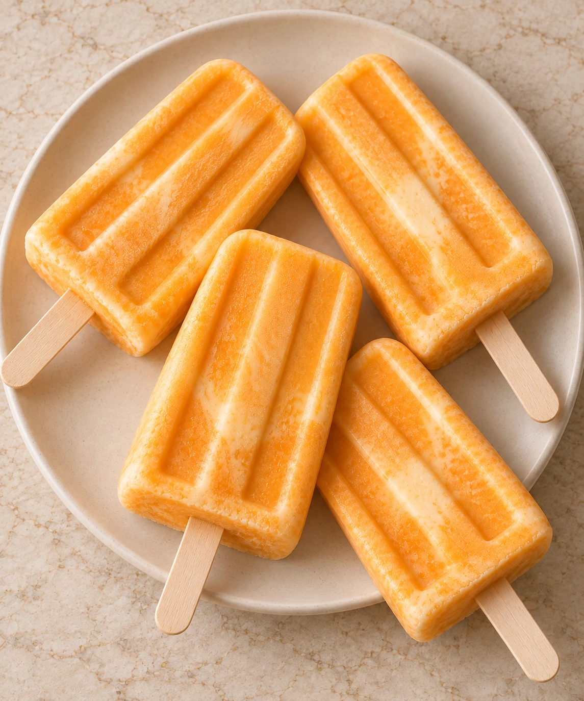 Four finished orange coconut creamsicle pops viewed from above on the same cream plate