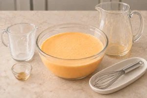 Measured orange juice, coconut milk and vanilla beside the smooth whisked creamsicle mixture