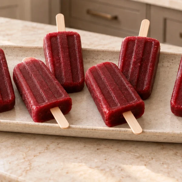 Exactly six firm cherry-limeade frozen pops on a ceramic tray