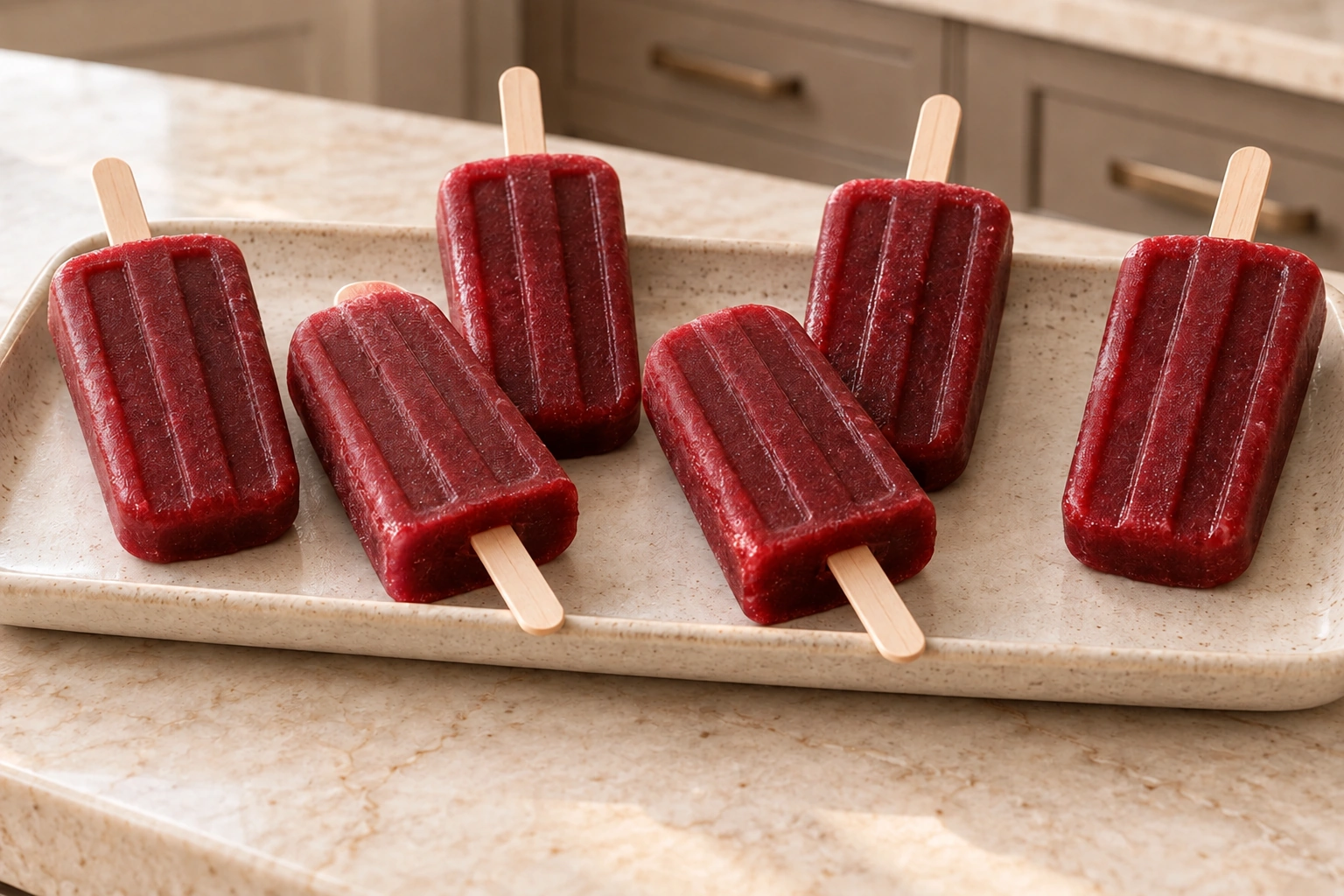 Exactly six firm cherry-limeade frozen pops on a ceramic tray