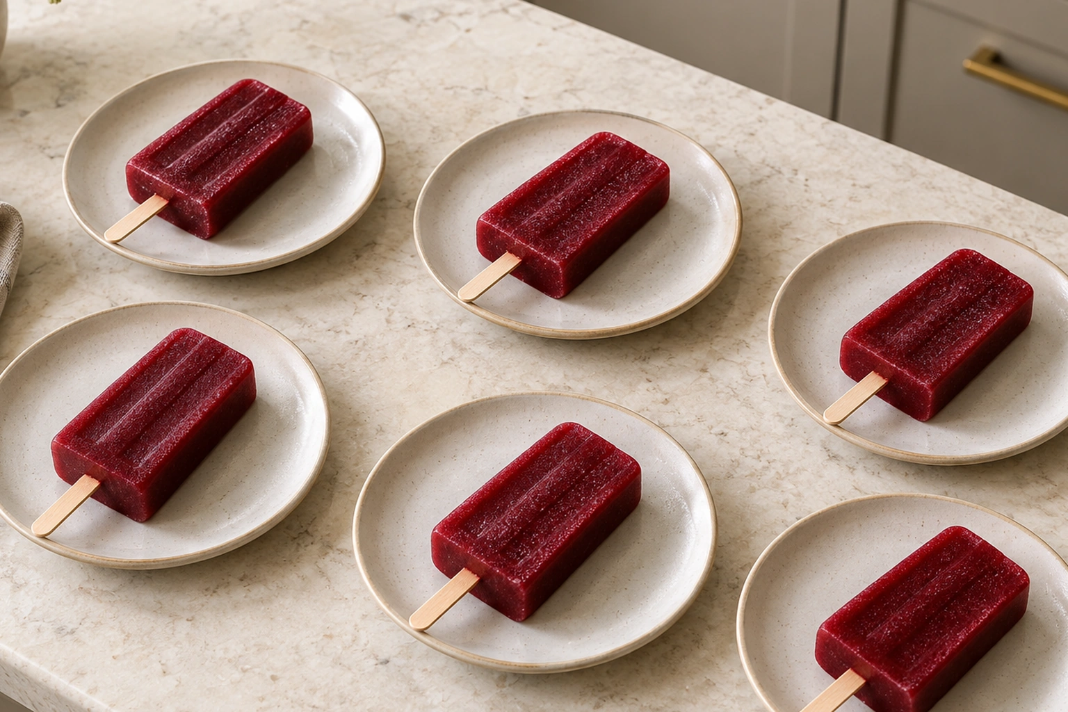 Exactly six individually plated cherry-limeade frozen pops