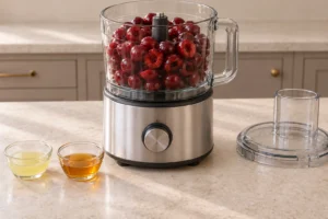 Four cups pitted cherries beside equal measured lime juice and raw honey before processing