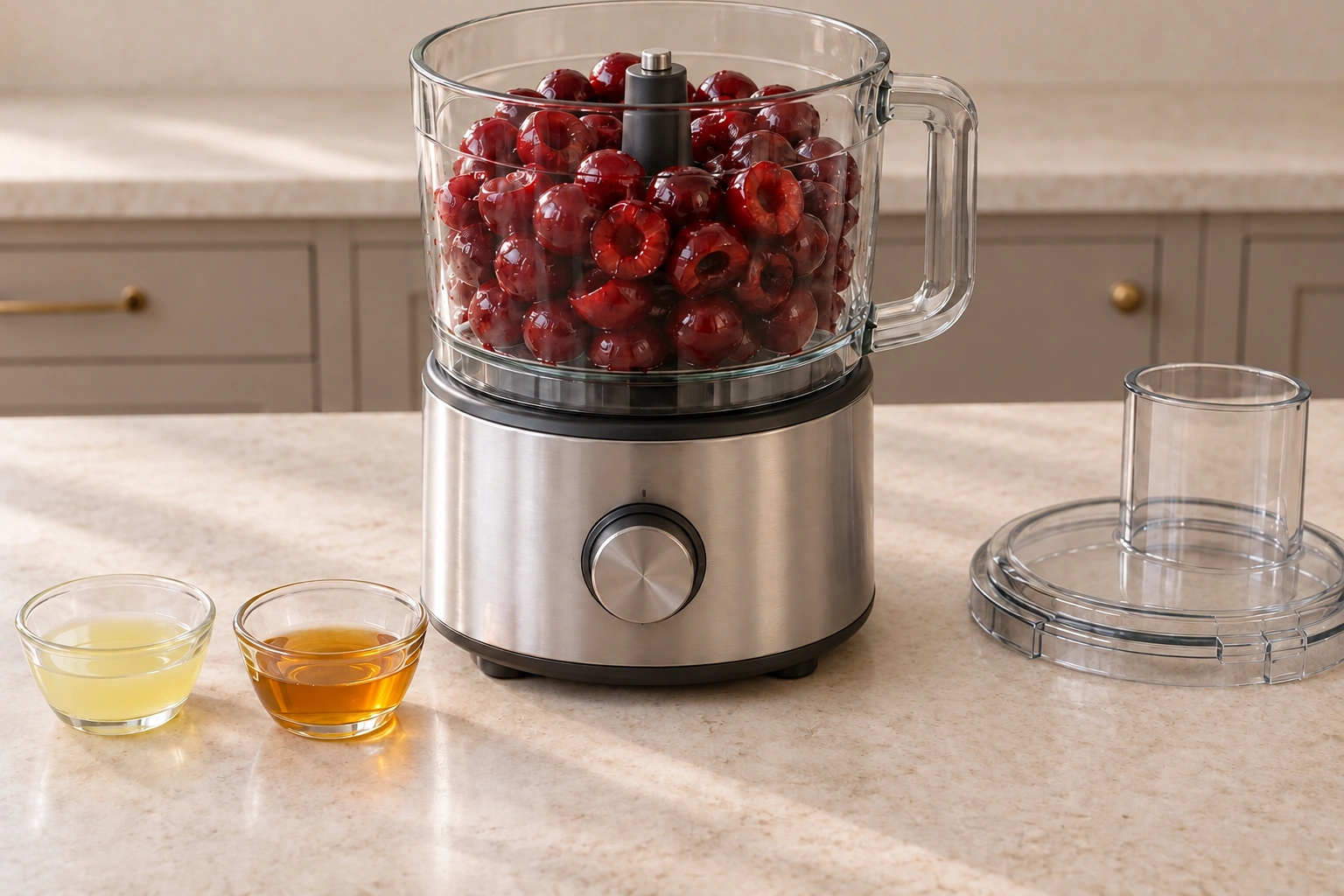 Four cups pitted cherries beside equal measured lime juice and raw honey before processing