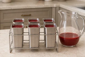 Exactly six stainless frozen-pop molds filled below the rim beside an upright glass pitcher of cherry-limeade mixture