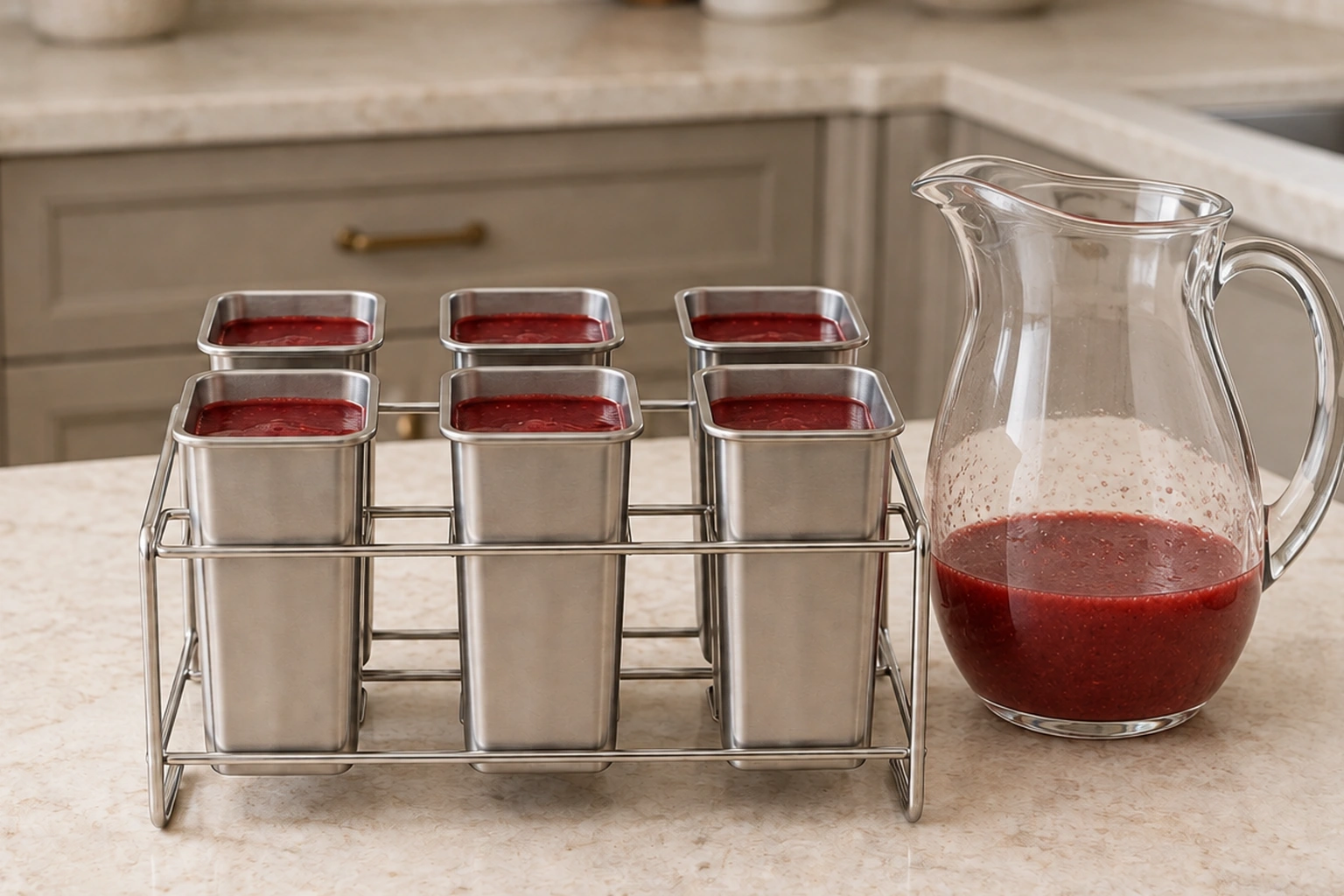 Exactly six stainless frozen-pop molds filled below the rim beside an upright glass pitcher of cherry-limeade mixture