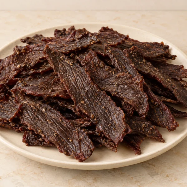 About twenty-five dark cooked beef jerky strips piled on a cream platter