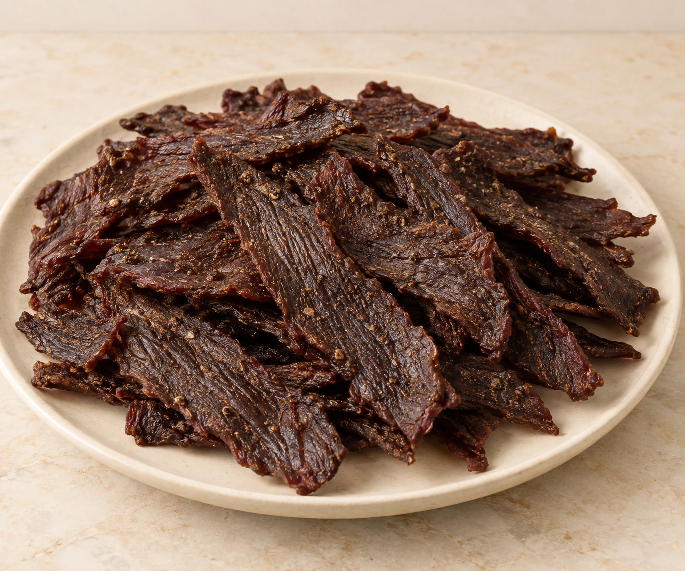 About twenty-five dark cooked beef jerky strips piled on a cream platter