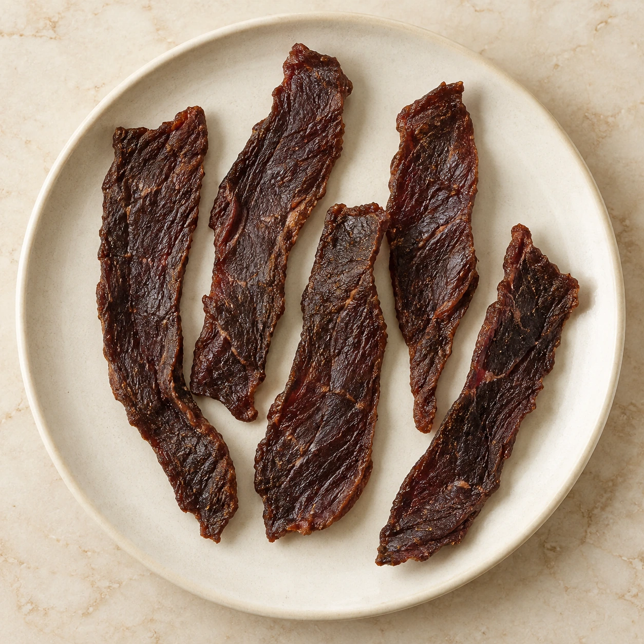 Exactly five dry flexible beef jerky strips on a cream plate