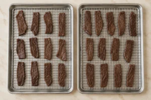 Exactly twenty-five wet-heated beef strips spaced across two stainless drying racks