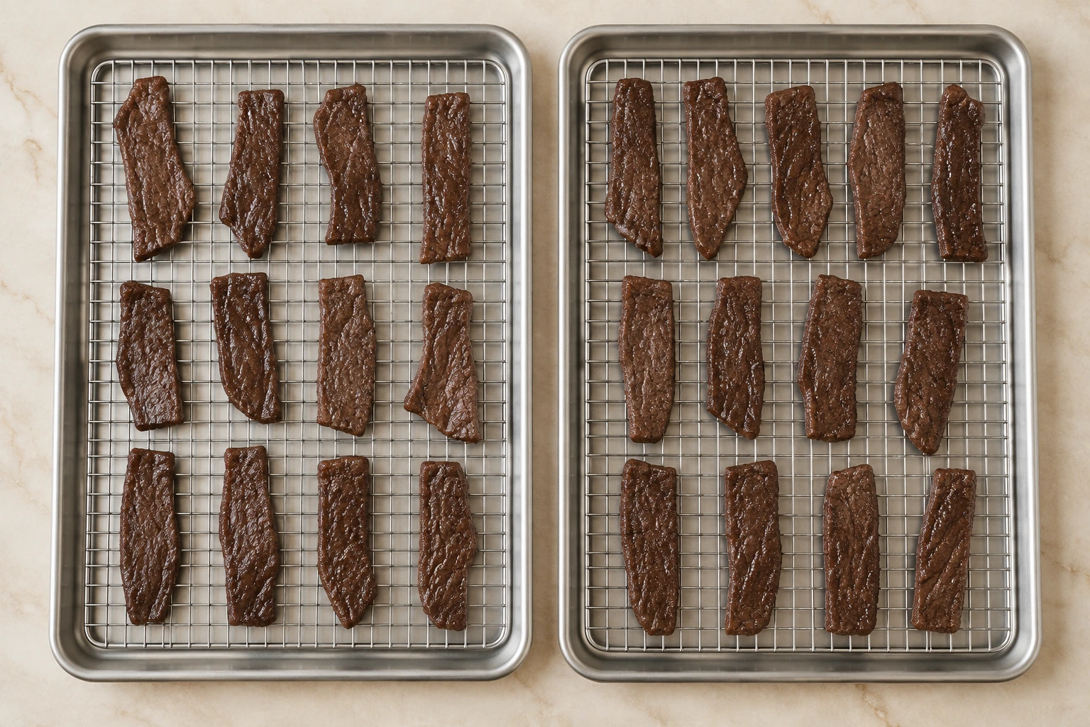 Exactly twenty-five wet-heated beef strips spaced across two stainless drying racks