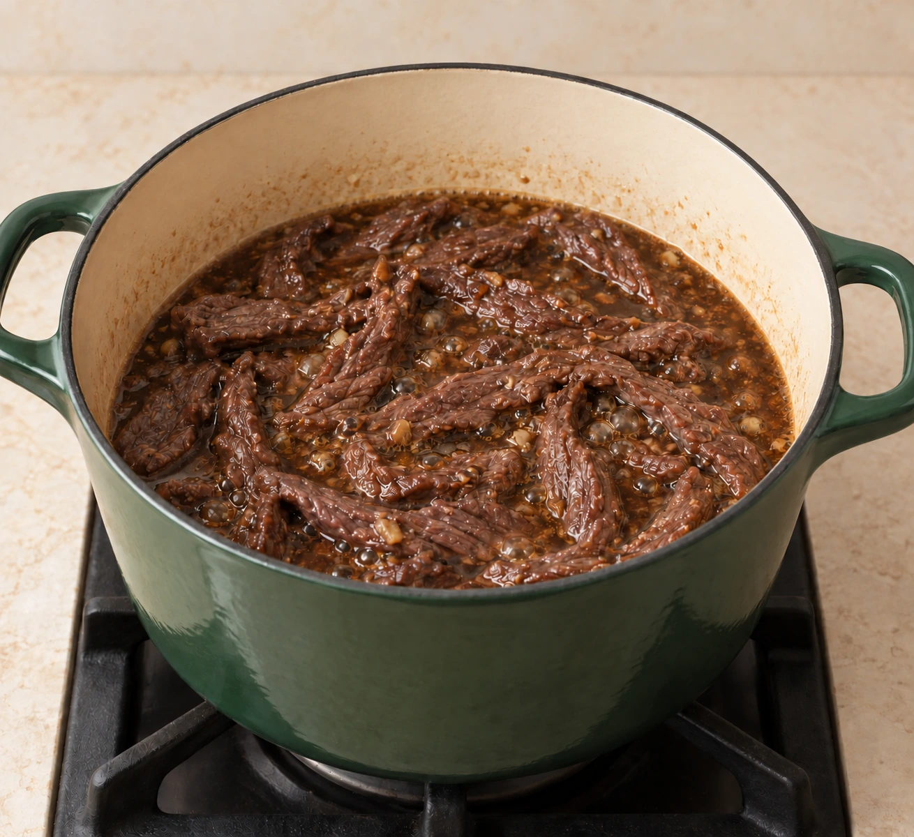 Moist marinated beef strips paused during wet heating in an Artichaut saucepan