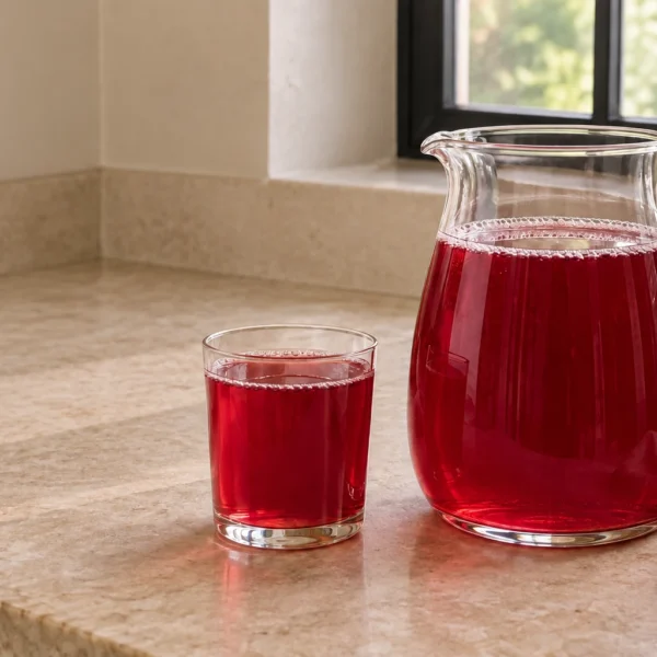 Finished deep pink hibiscus kombucha in a clear pitcher and serving glass