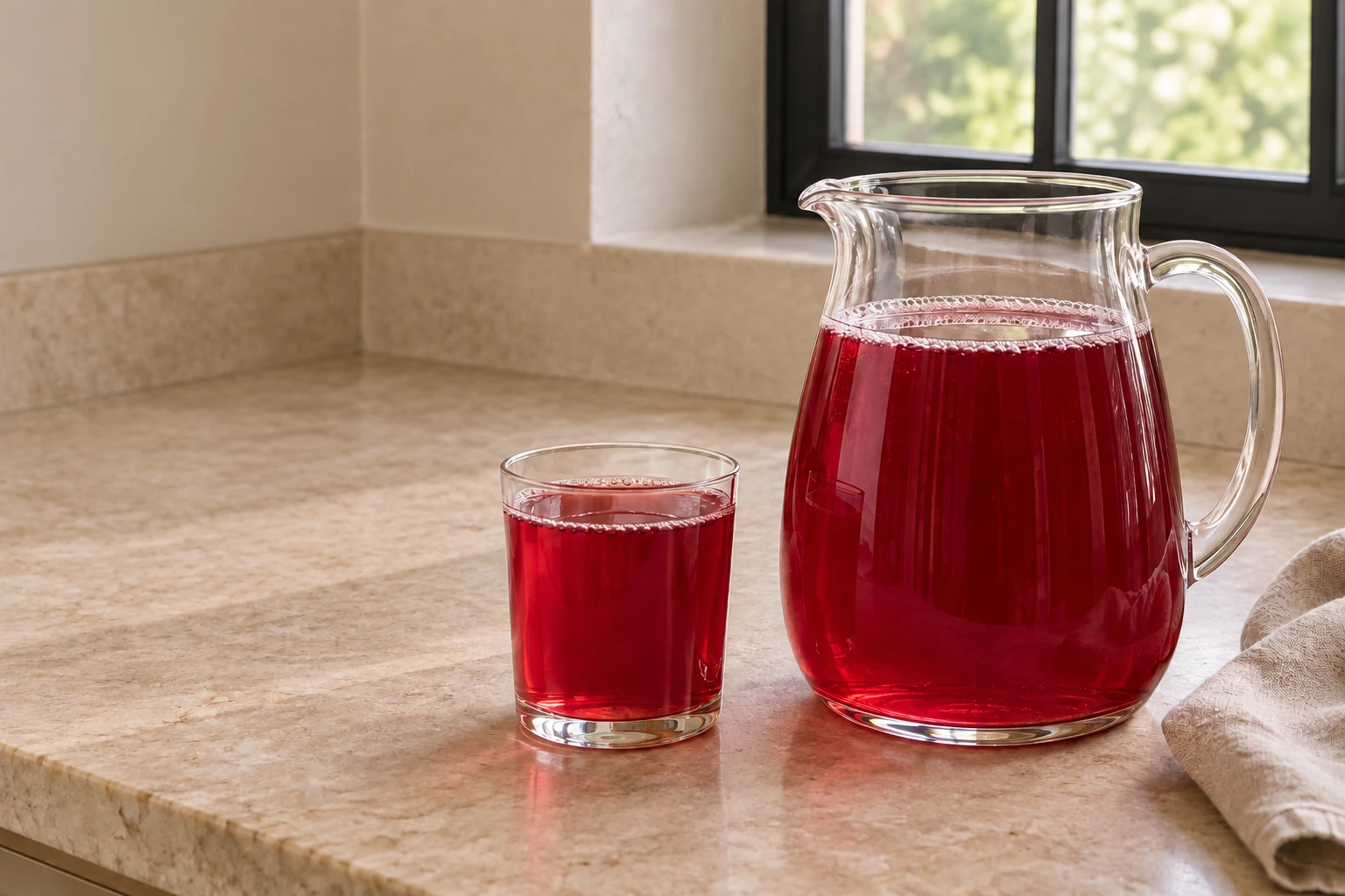 Finished deep pink hibiscus kombucha in a clear pitcher and serving glass