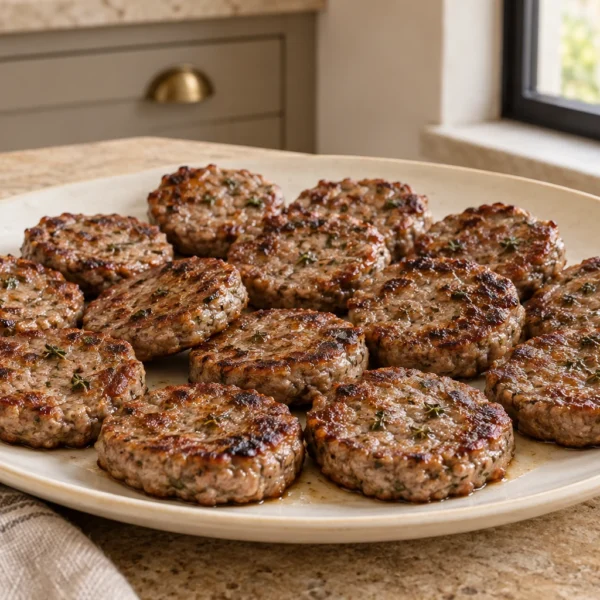 Browned sage and thyme beef sausage rounds on a cream platter