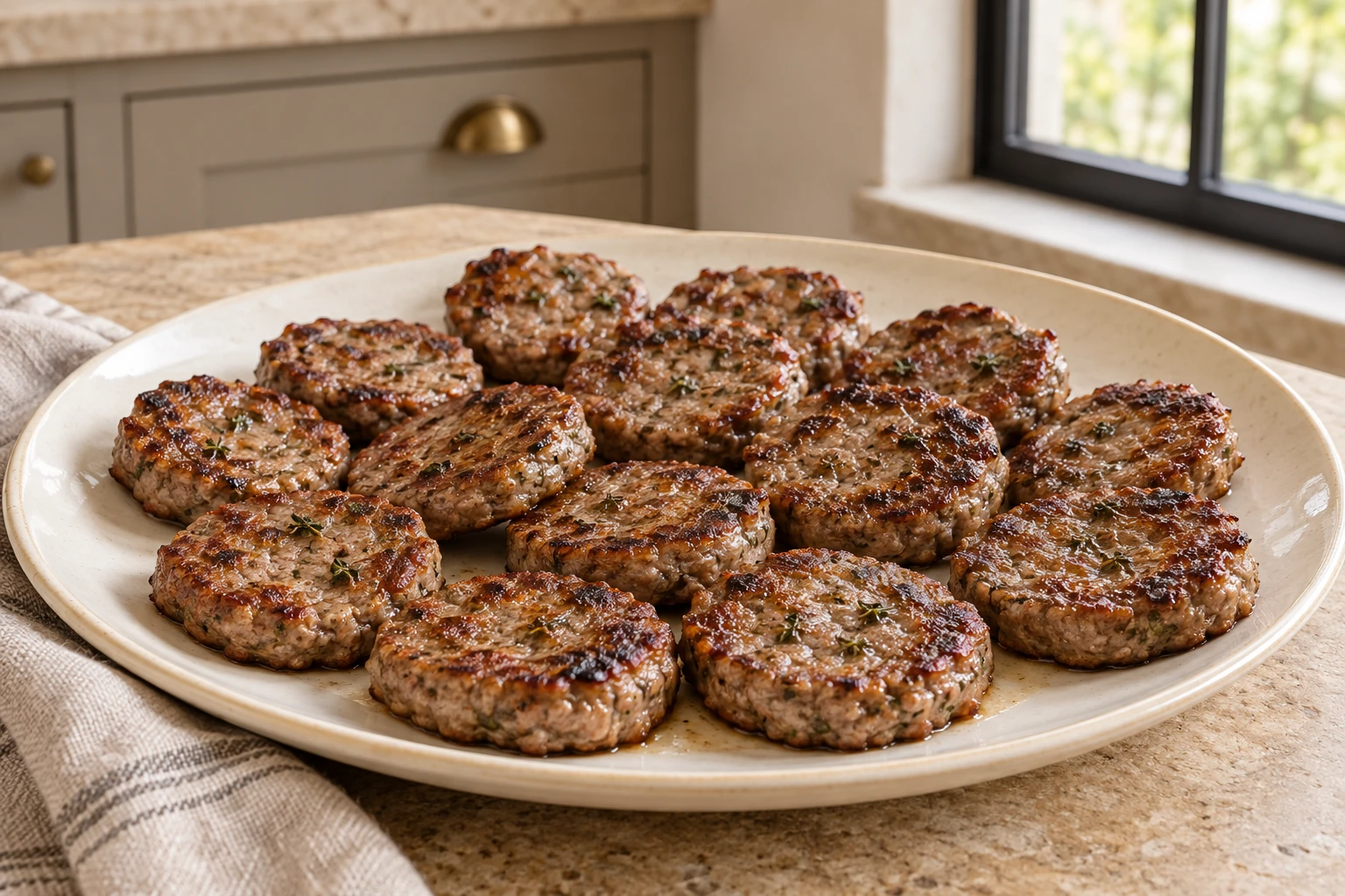 Browned sage and thyme beef sausage rounds on a cream platter