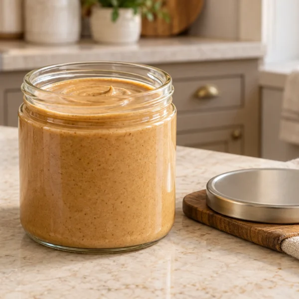 Honey-sweetened sprouted almond butter in an open glass jar