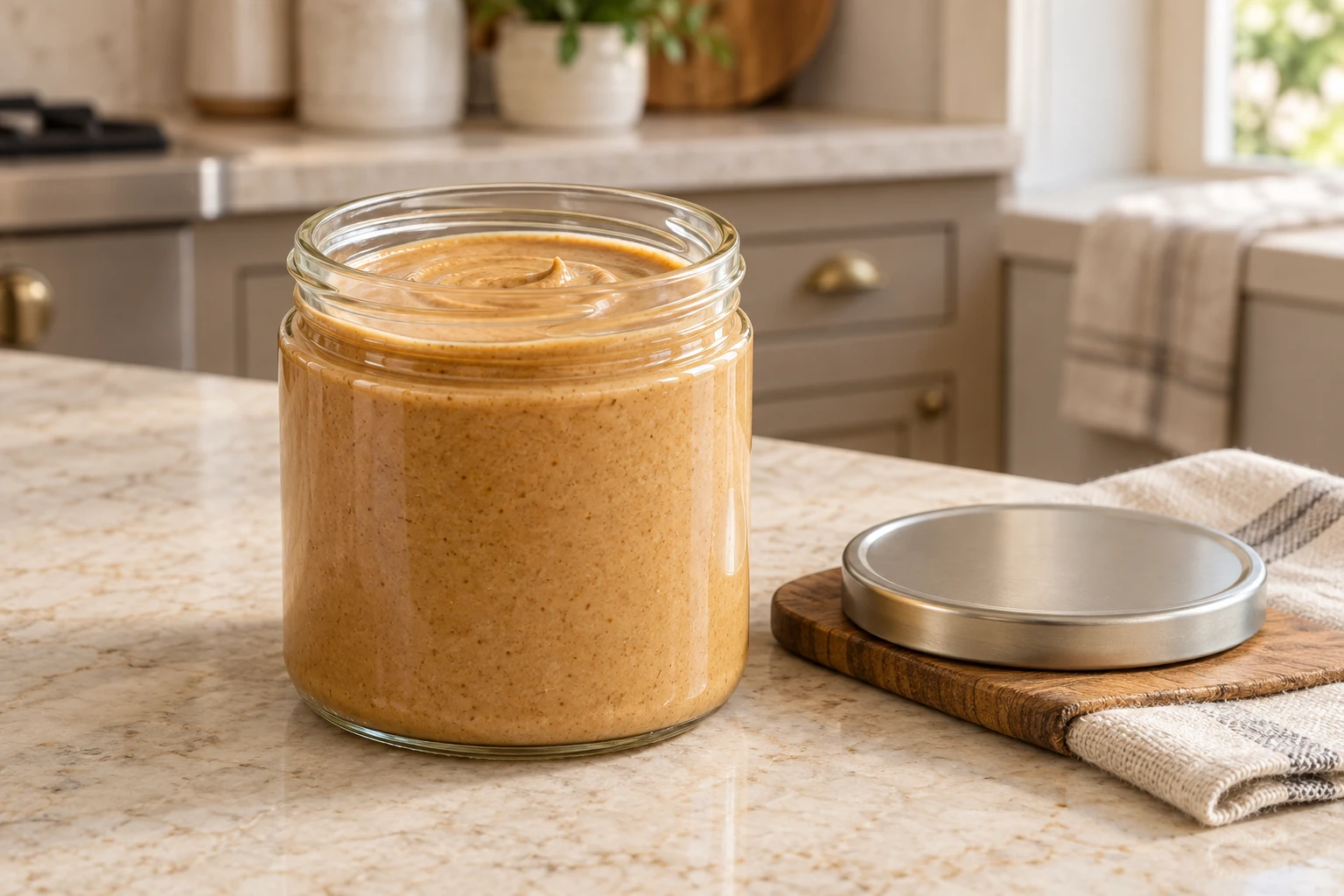 Honey-sweetened sprouted almond butter in an open glass jar