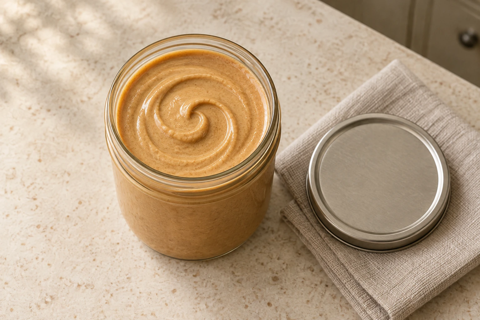 Overhead view of smooth honey-sweetened sprouted almond butter