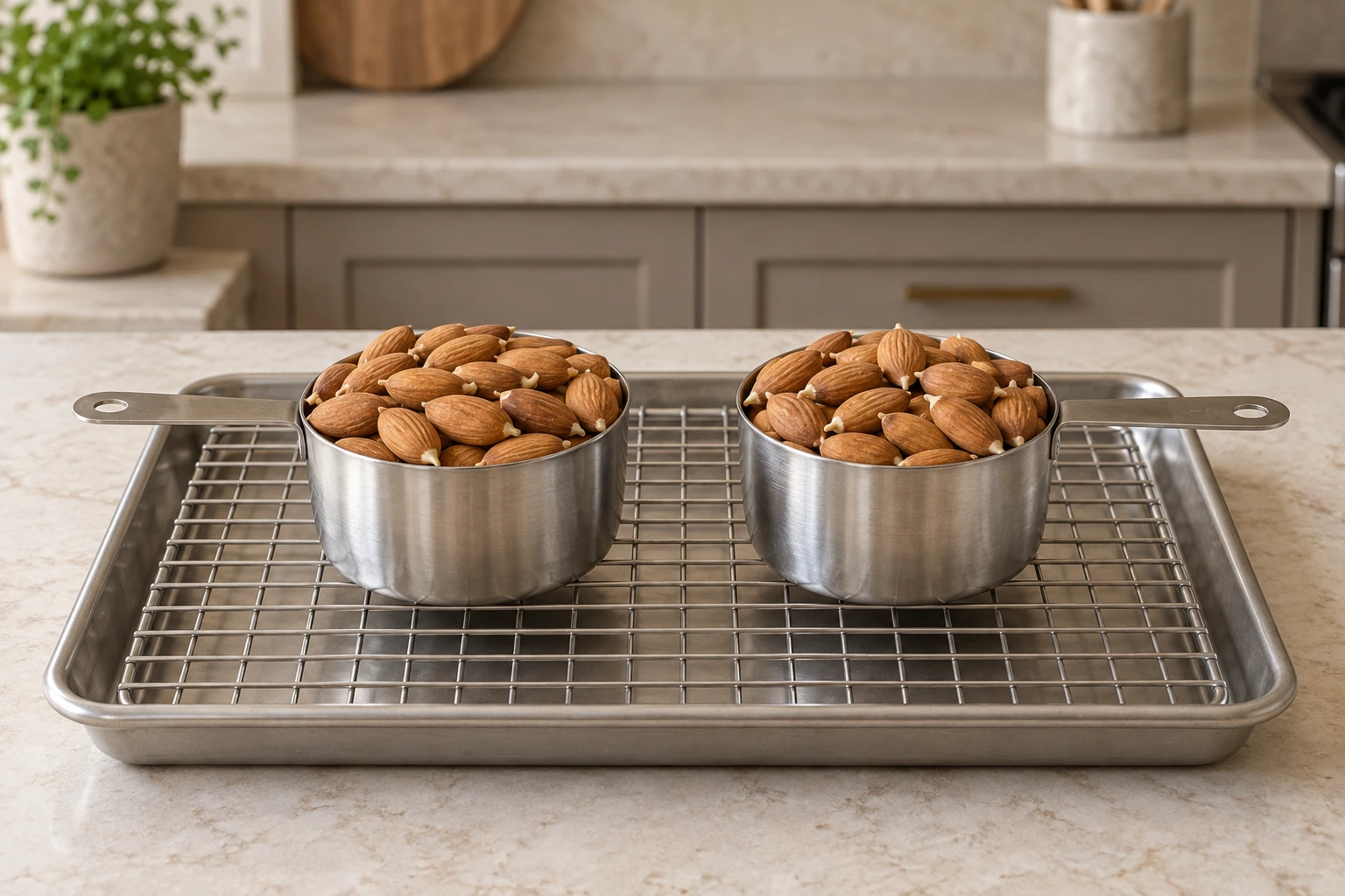 Exactly two cups of fully dried sprouted almonds cooling in stainless measures