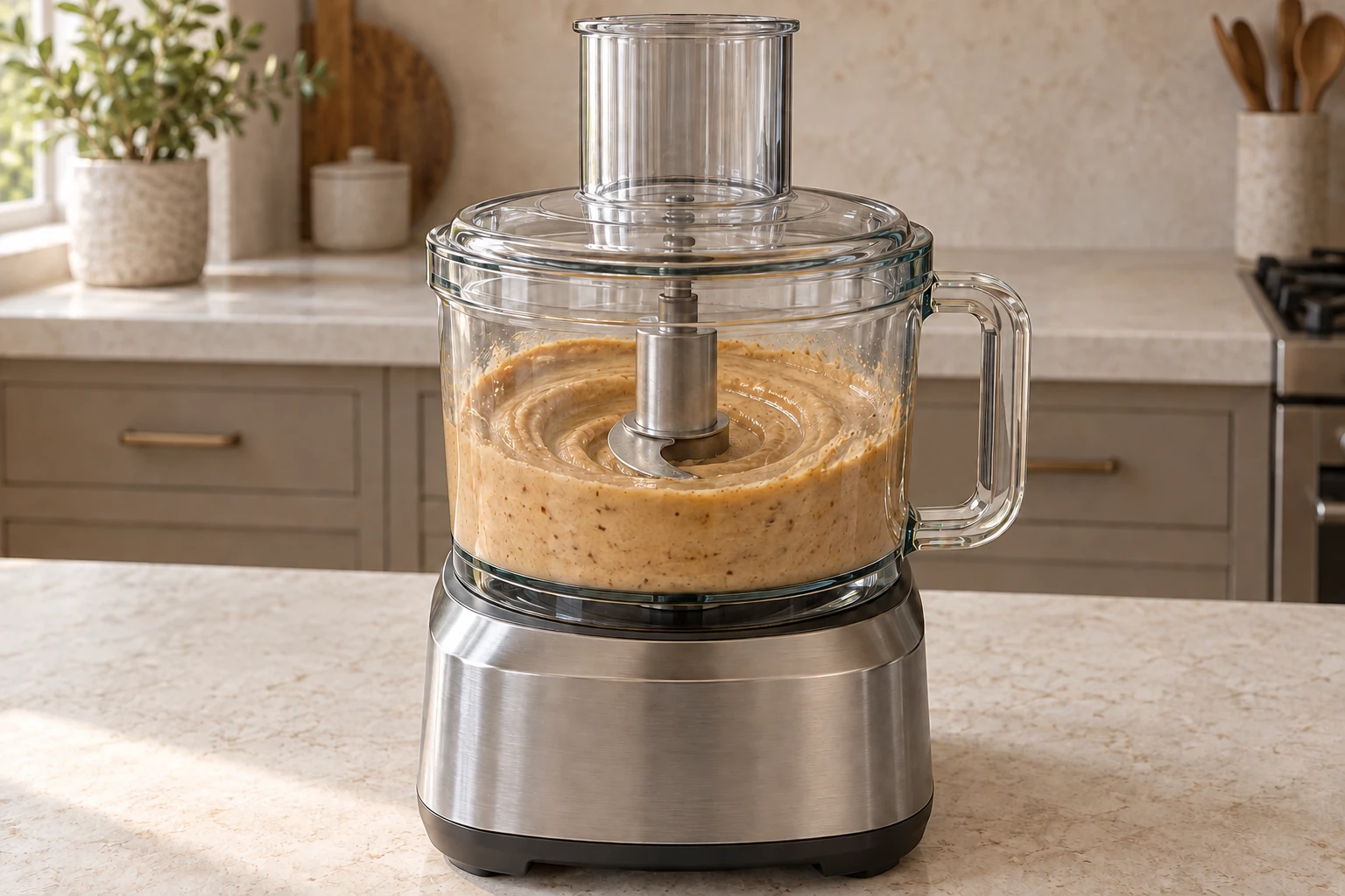 Sprouted almonds, coconut oil, raw honey and salt becoming smooth almond butter in a glass-bowl processor