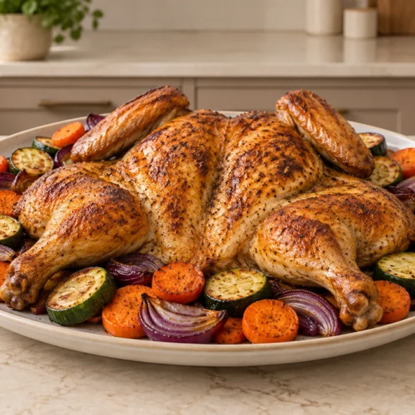 Rested butterflied chicken with roasted carrots, red onion and zucchini