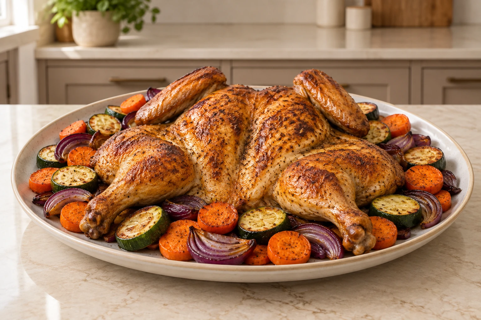 Rested butterflied chicken with roasted carrots, red onion and zucchini