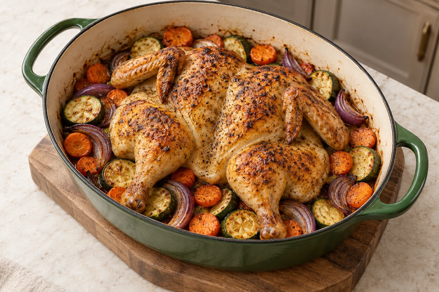 High-angle rested butterflied chicken and vegetables in an Artichaut roasting pan