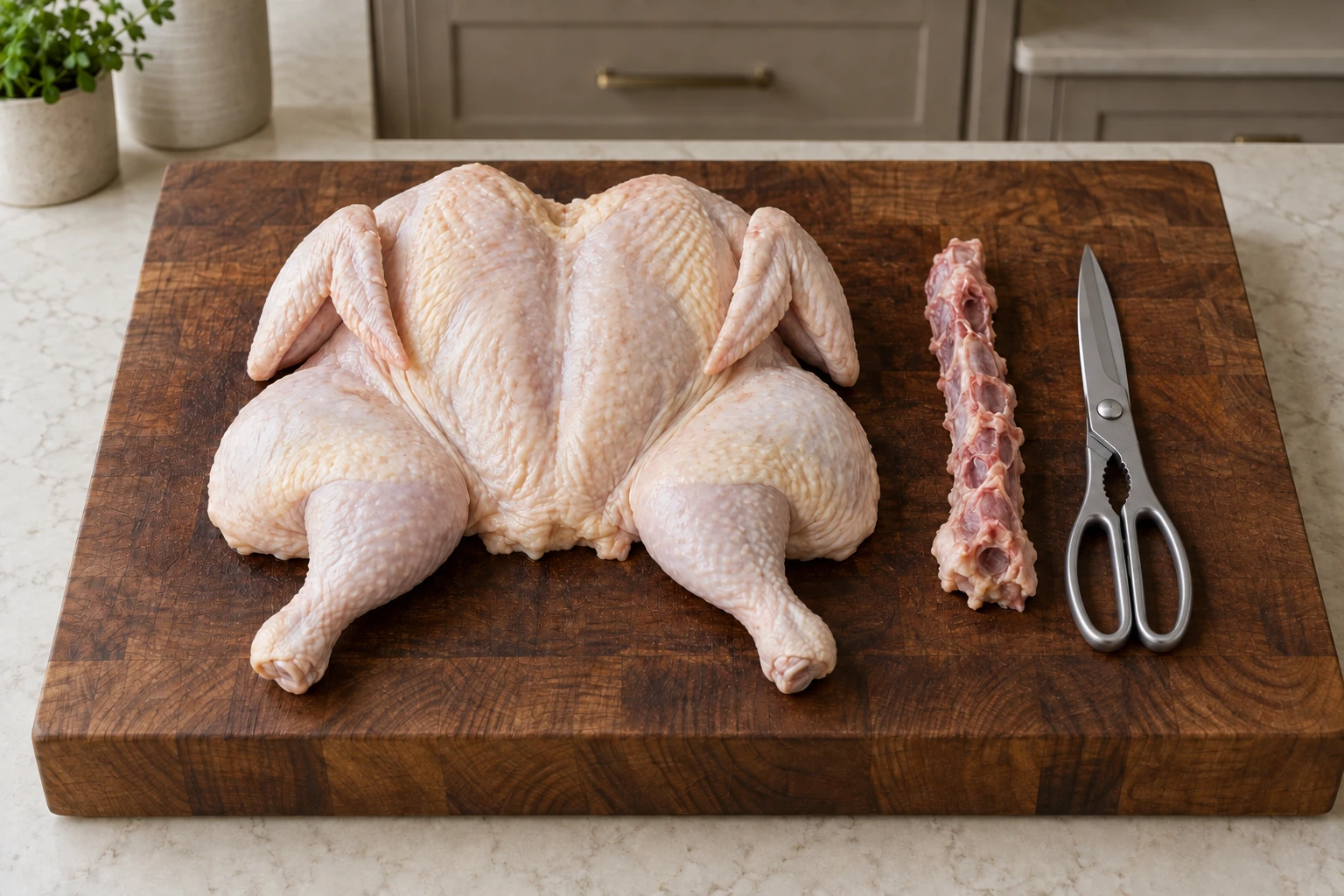 Raw butterflied chicken lying flat beside removed backbone and closed supported shears