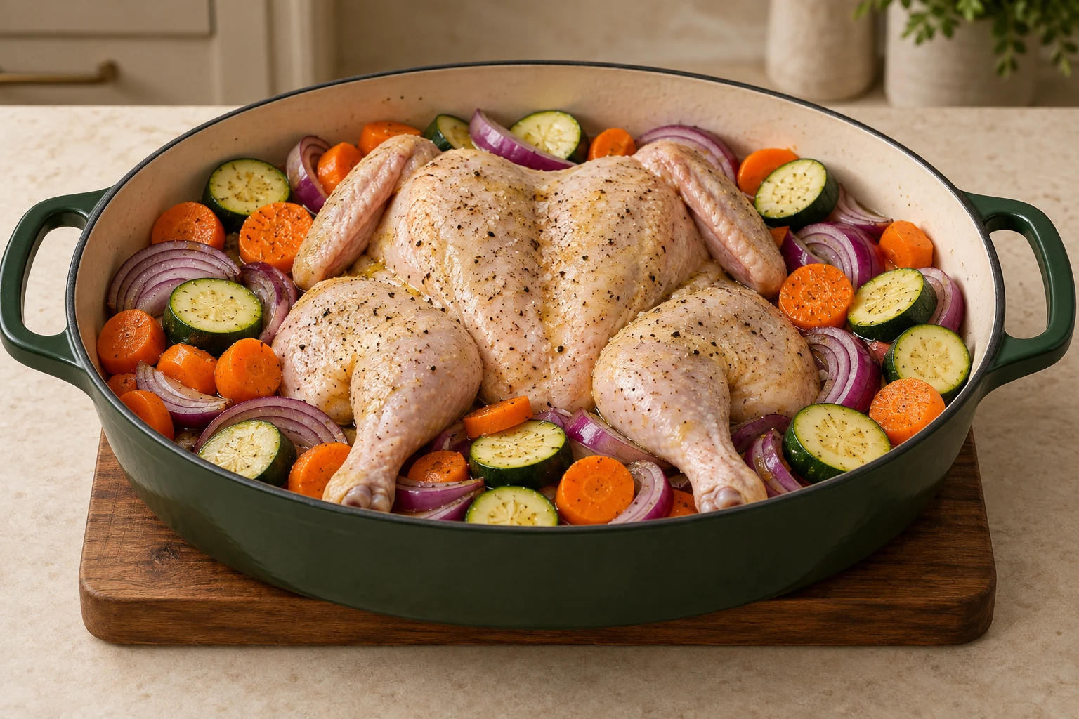 Oven-ready butterflied chicken with exact carrots, red onion, zucchini and ghee in an Artichaut pan