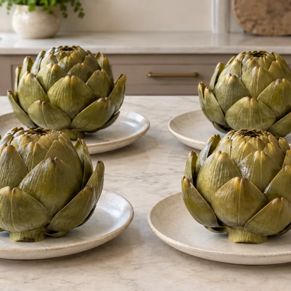 Exactly four cooked French artichokes on separate neutral serving plates
