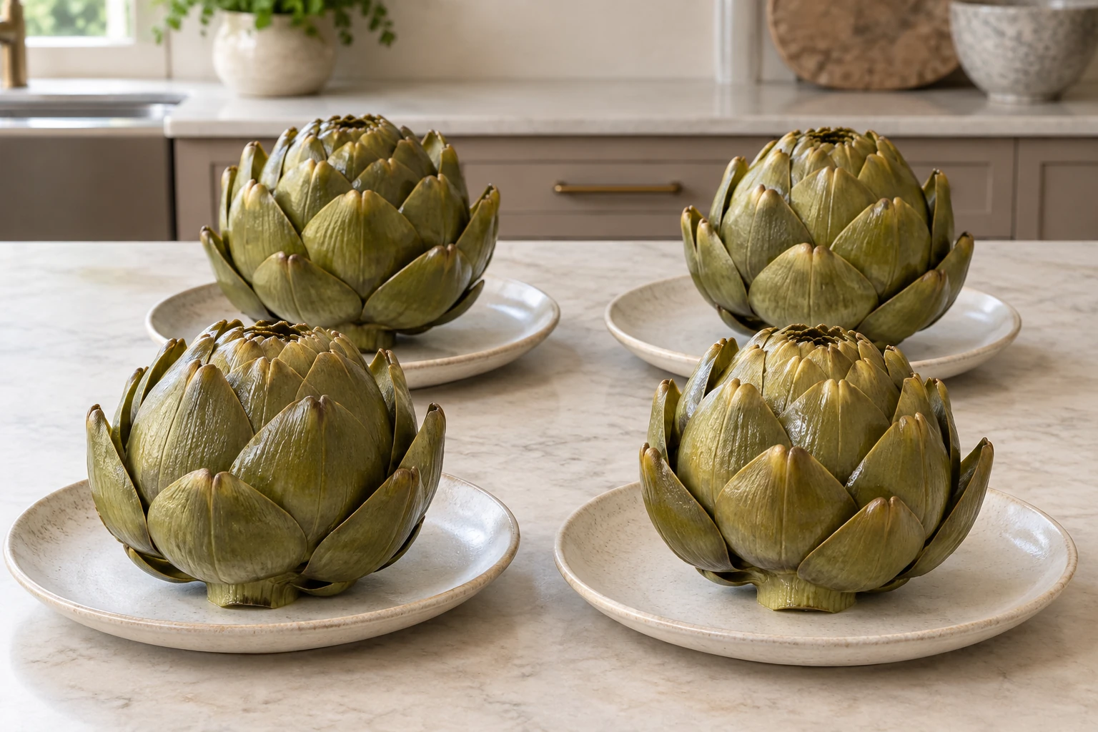 Exactly four cooked French artichokes on separate neutral serving plates