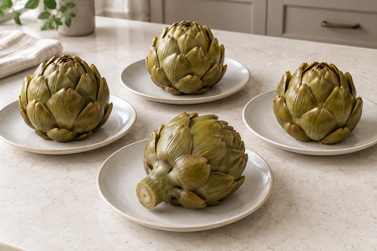 Four cooked French artichokes with one tender flat-cut stem shown