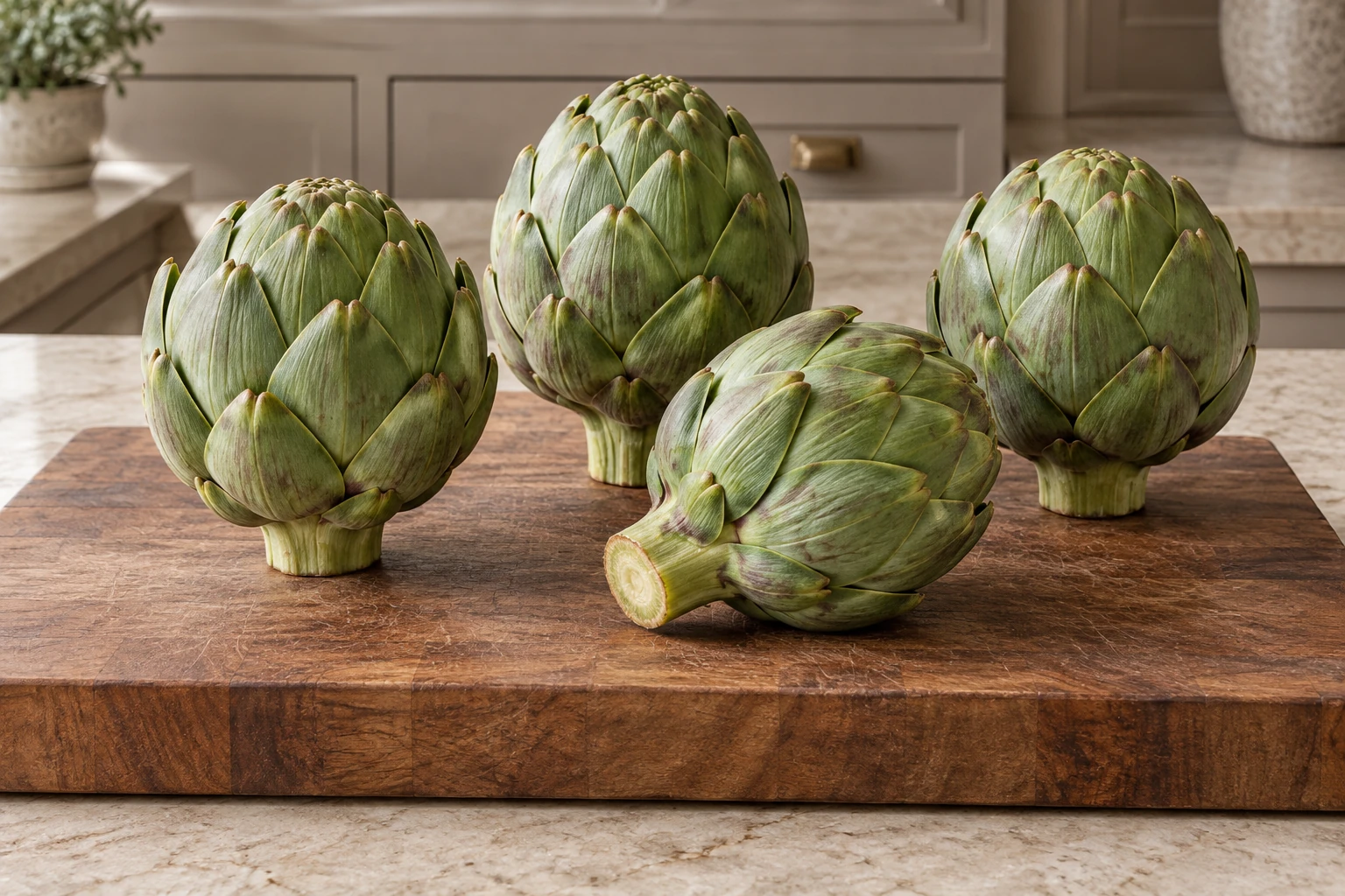 Exactly four raw French artichokes with short flat-cut stems on a supported board