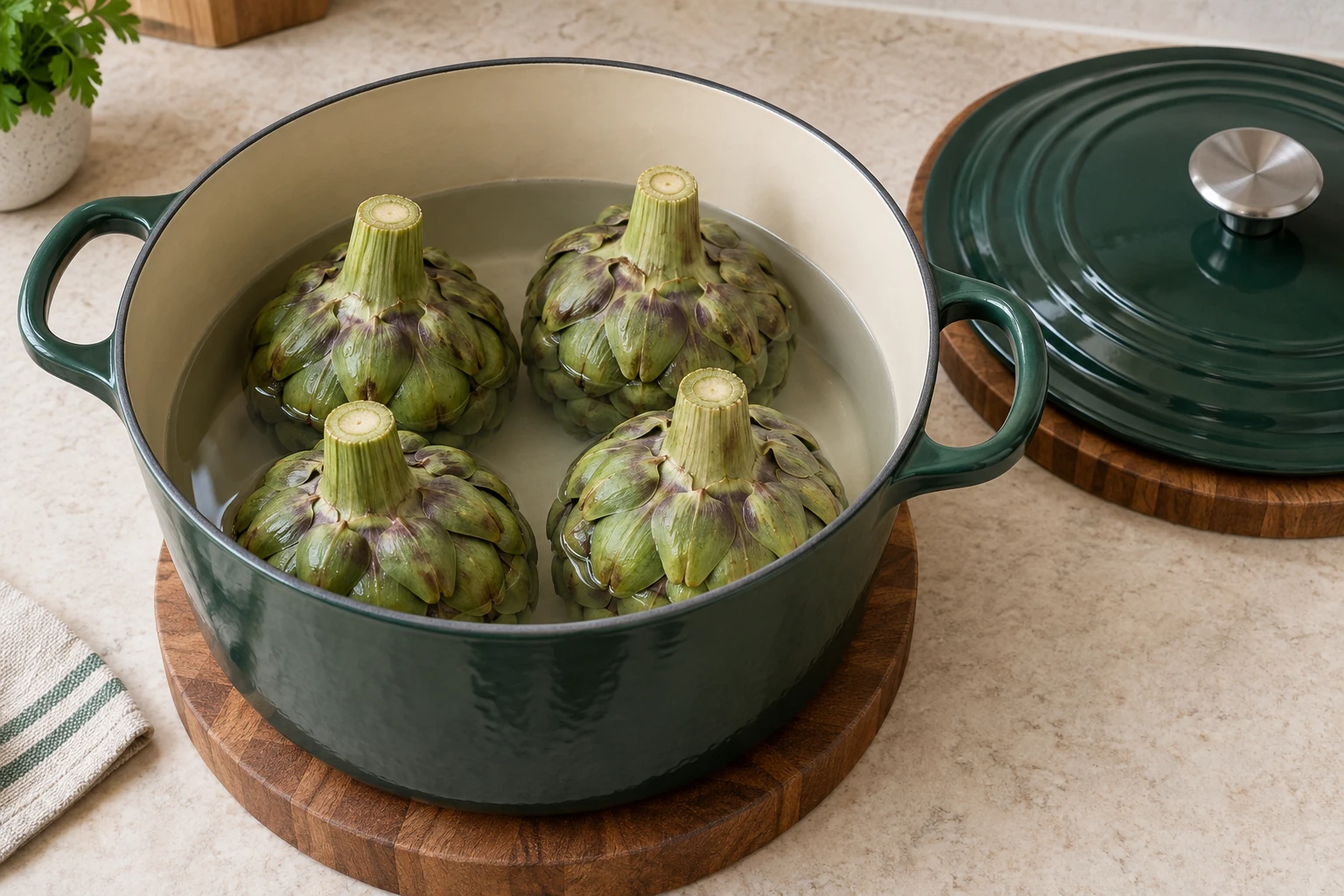 Four artichokes stem-side up directly in two inches of water in an Artichaut Dutch oven