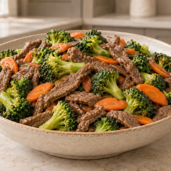 Four-to-six-serving beef broccoli and carrot stir-fry in naturally reduced sauce