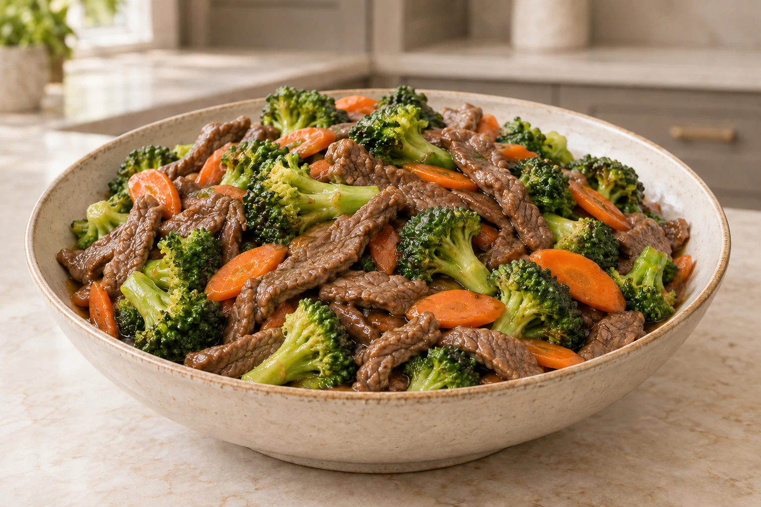 Four-to-six-serving beef broccoli and carrot stir-fry in naturally reduced sauce