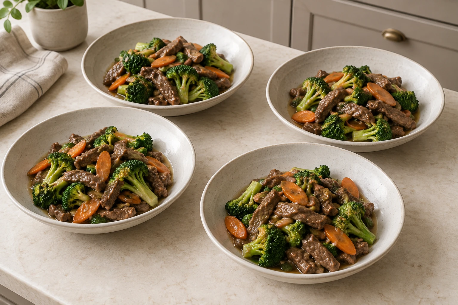 Exactly four plated servings of beef broccoli and carrot stir-fry