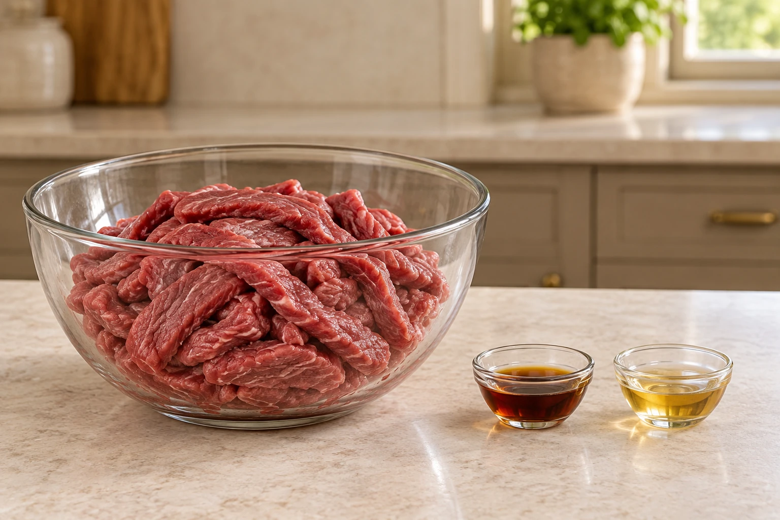 Thin raw sirloin beside equal one-tablespoon coconut aminos and dry white wine measures