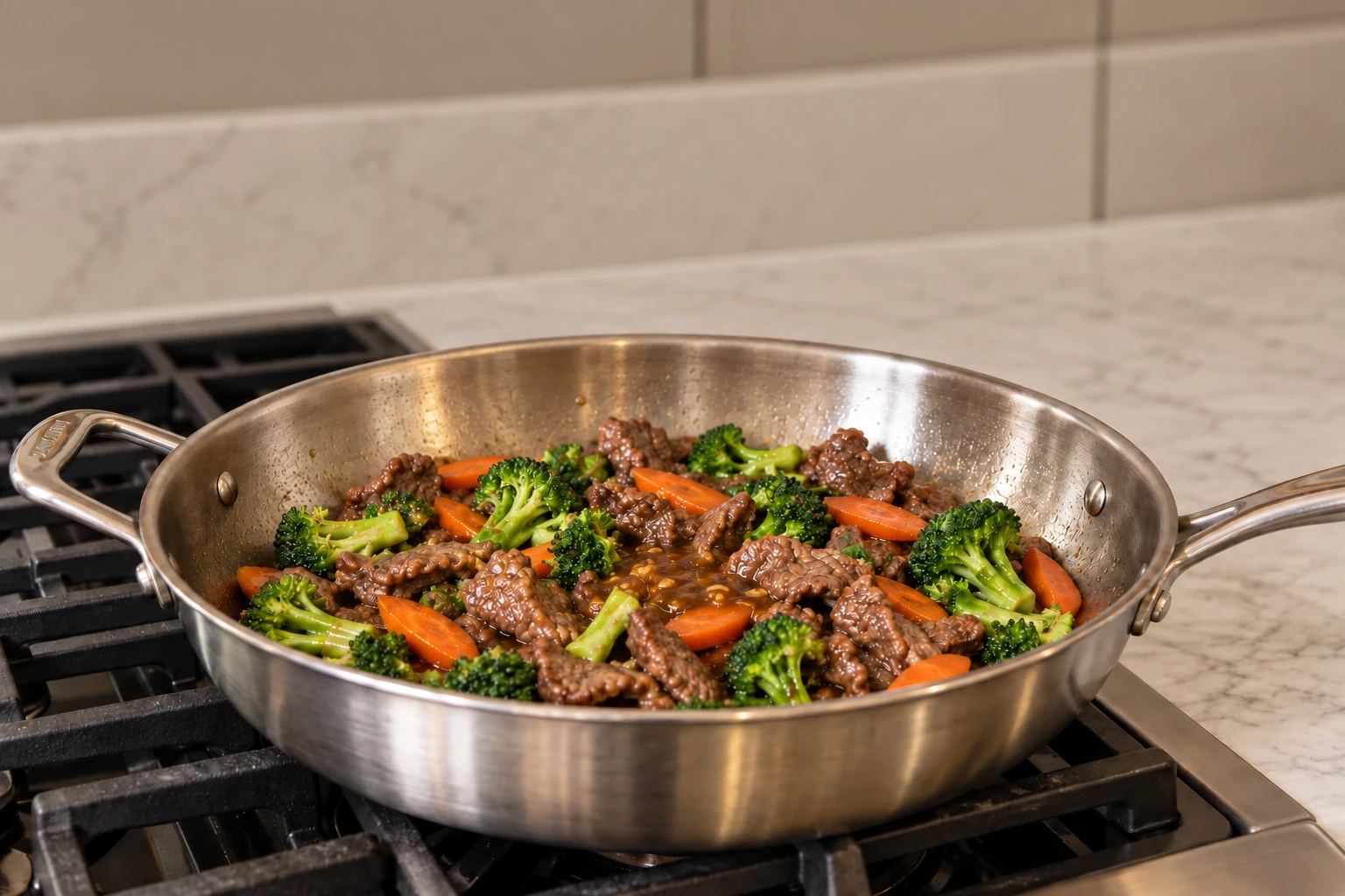 Beef broccoli and carrots paused in a supported stainless skillet as measured sauce begins coating
