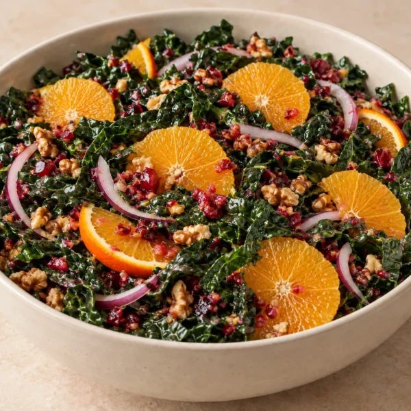 Eight-serving kale salad with orange slices, red onion, prepared walnuts and fresh cranberry vinaigrette