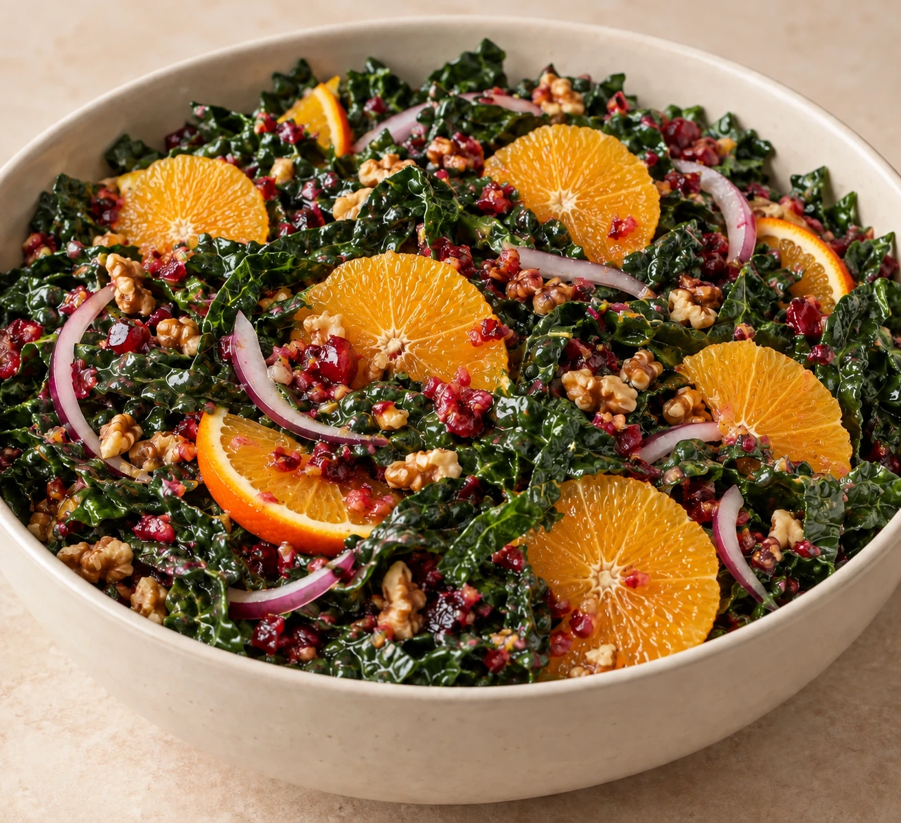 Eight-serving kale salad with orange slices, red onion, prepared walnuts and fresh cranberry vinaigrette