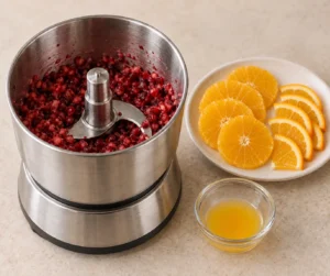 Finely pulsed fresh cranberries beside orange rounds and one tablespoon orange juice
