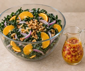 Kale orange red onion and prepared walnuts beside cranberry-orange vinaigrette before tossing