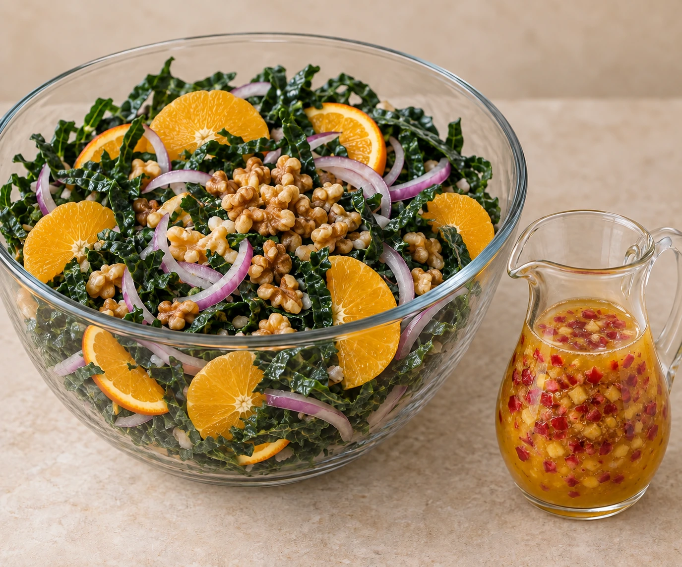 Kale orange red onion and prepared walnuts beside cranberry-orange vinaigrette before tossing