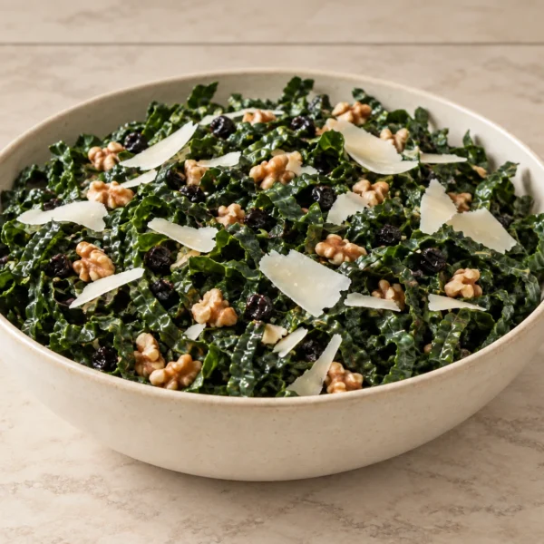 Six-serving kale salad with currants, prepared walnuts and shaved Pecorino